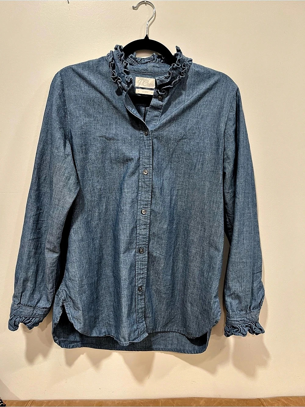 J.Crew Chambray Ruffle Button-Up Shirt Blue Small